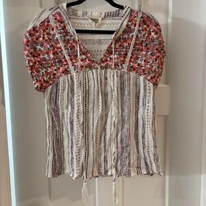 Savanna‎ Jane floral embroidered rayon blouse tee women's small boho western